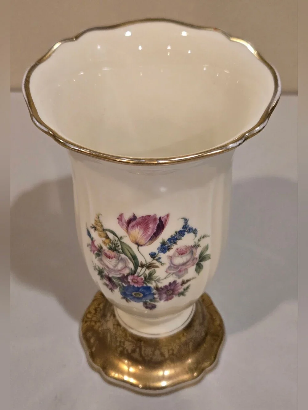 Antique 1930s Rosenthal Porcelain Floral Pedestal Vase Cream with Gold Trim
